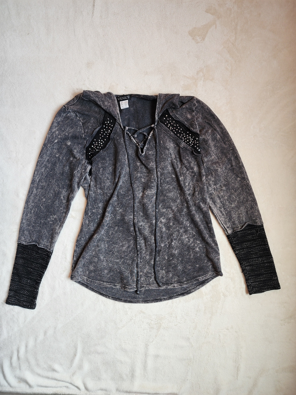 Washed Charcoal Lace-Up Hoodie with Rhinestone Detail Medium Feminine 90s Grunge